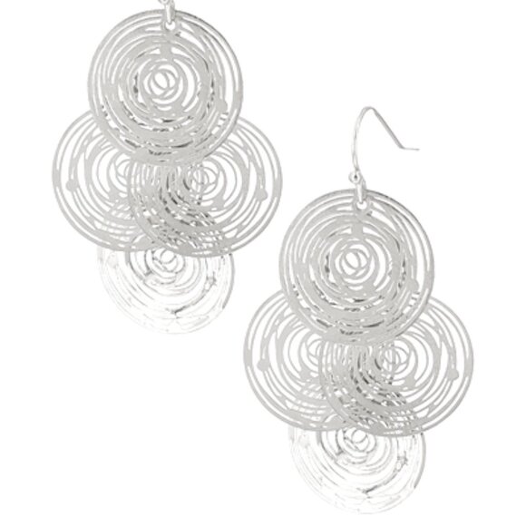Brushed Silver Filigree Round Layered Filigree Dangle Earrings French Euro NWT - Picture 4 of 5